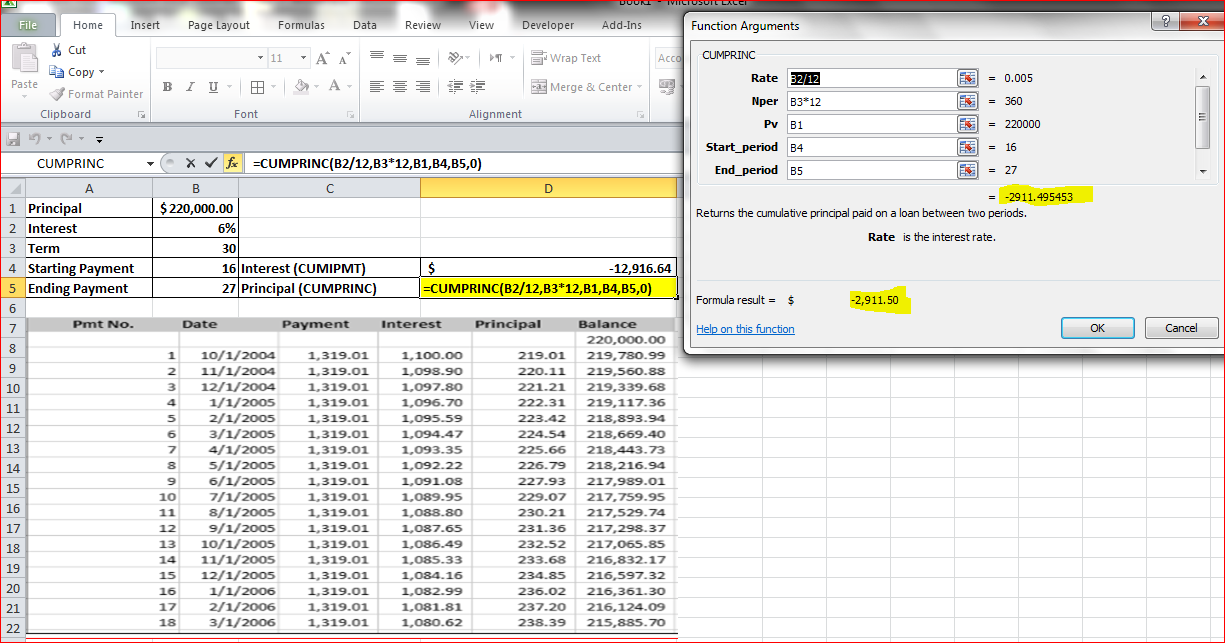 Using the CUMIPMT and CUMPRINC functions in Excel 2010